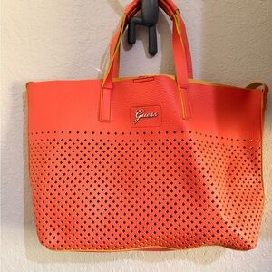 Used Guess Coral and Yellow Perforated Tote